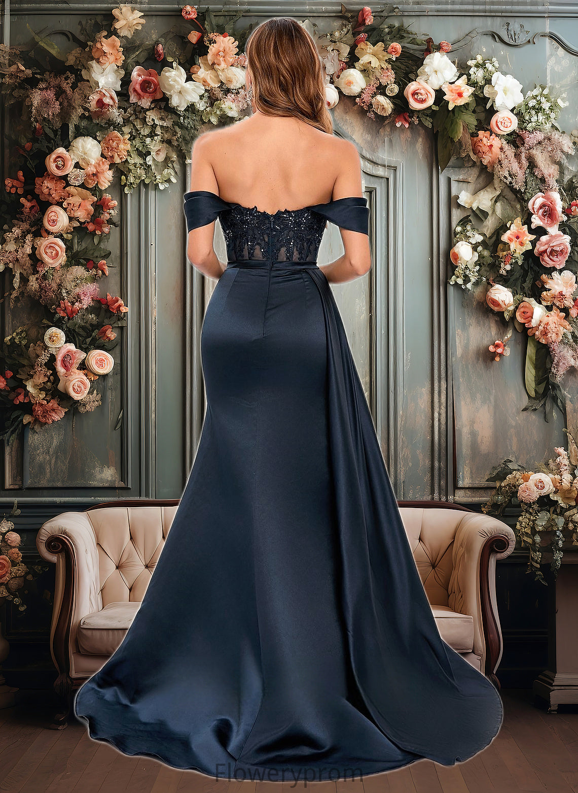 Angel Trumpet/Mermaid Off the Shoulder Sweep Train Satin Prom Dresses With Sequins Appliques Lace HDP0025835