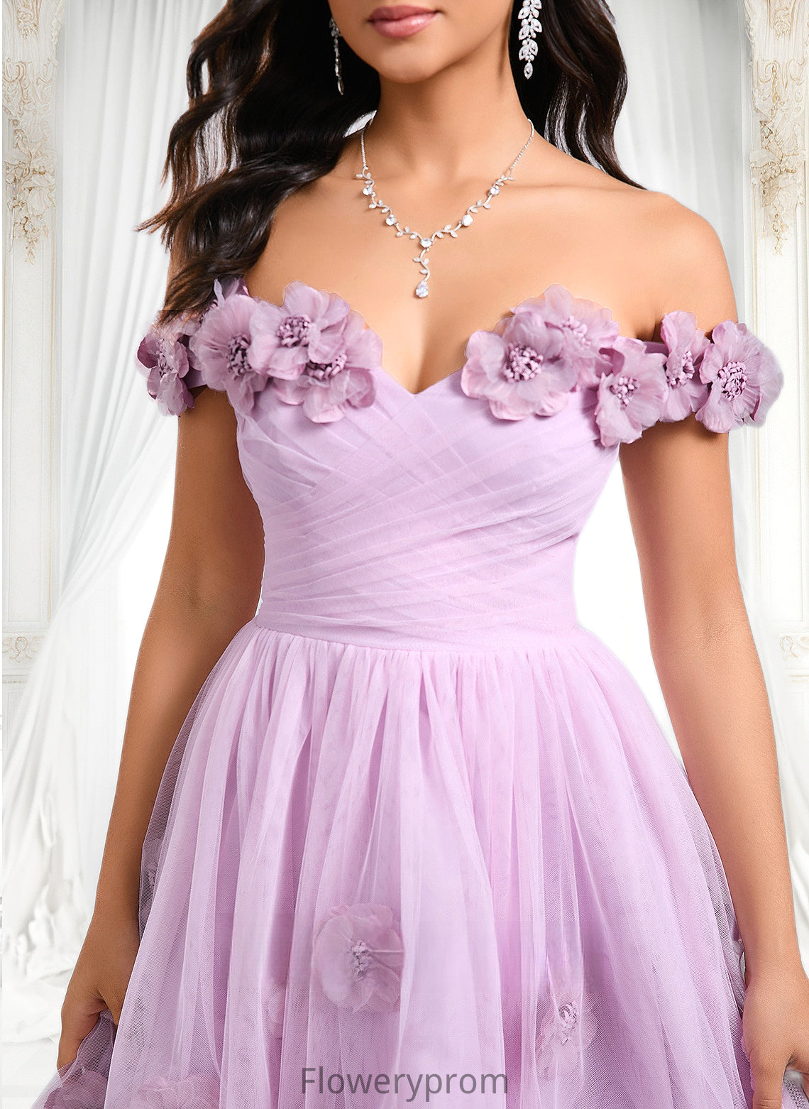 Brooke Ball-Gown/Princess Off the Shoulder Short Tulle Homecoming Dress With Pleated Flower HDP0025668