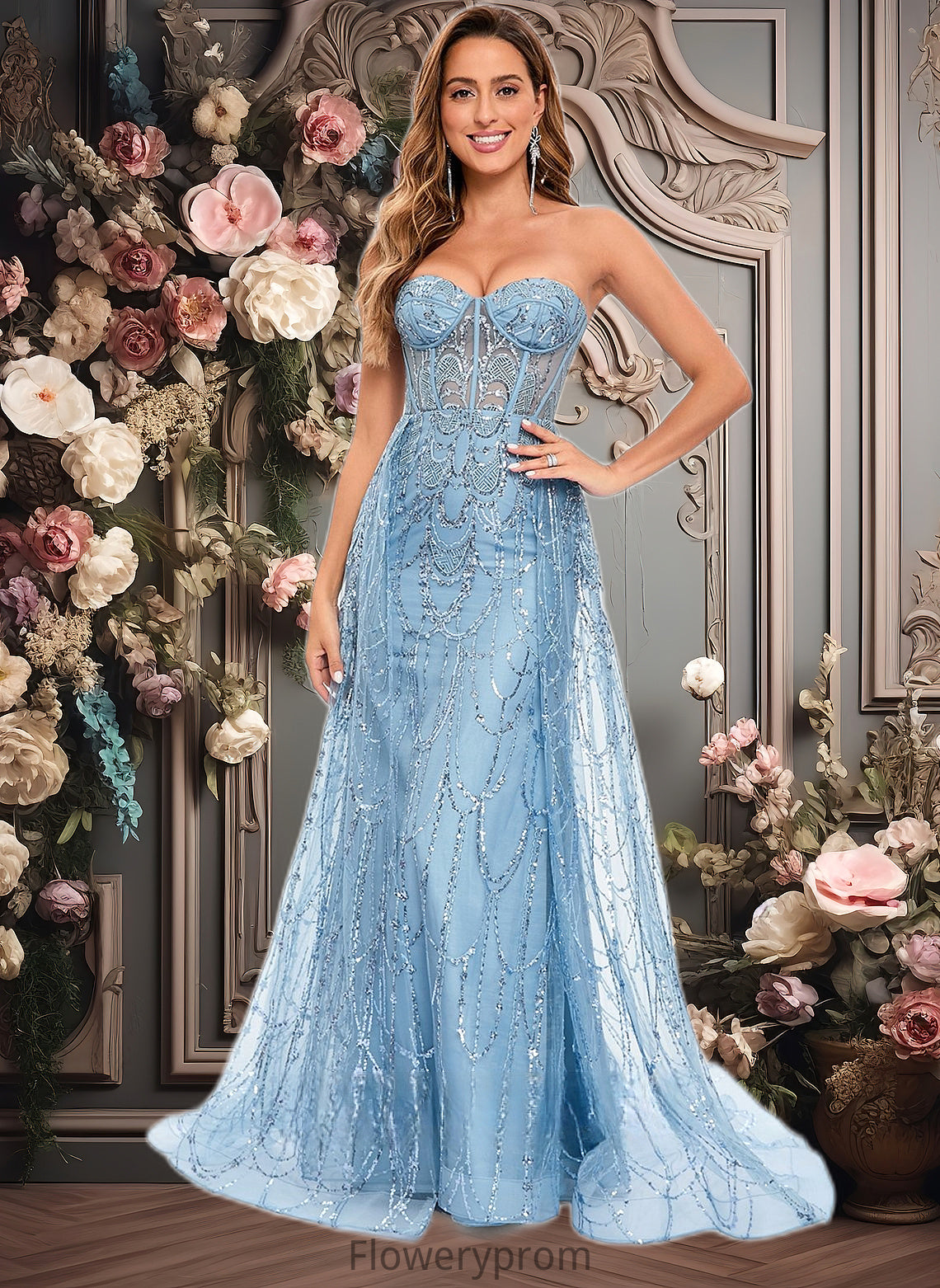 Kendal Sheath/Column Sweetheart Sweep Train Sequin Tulle Prom Dresses With Sequins HDP0025860