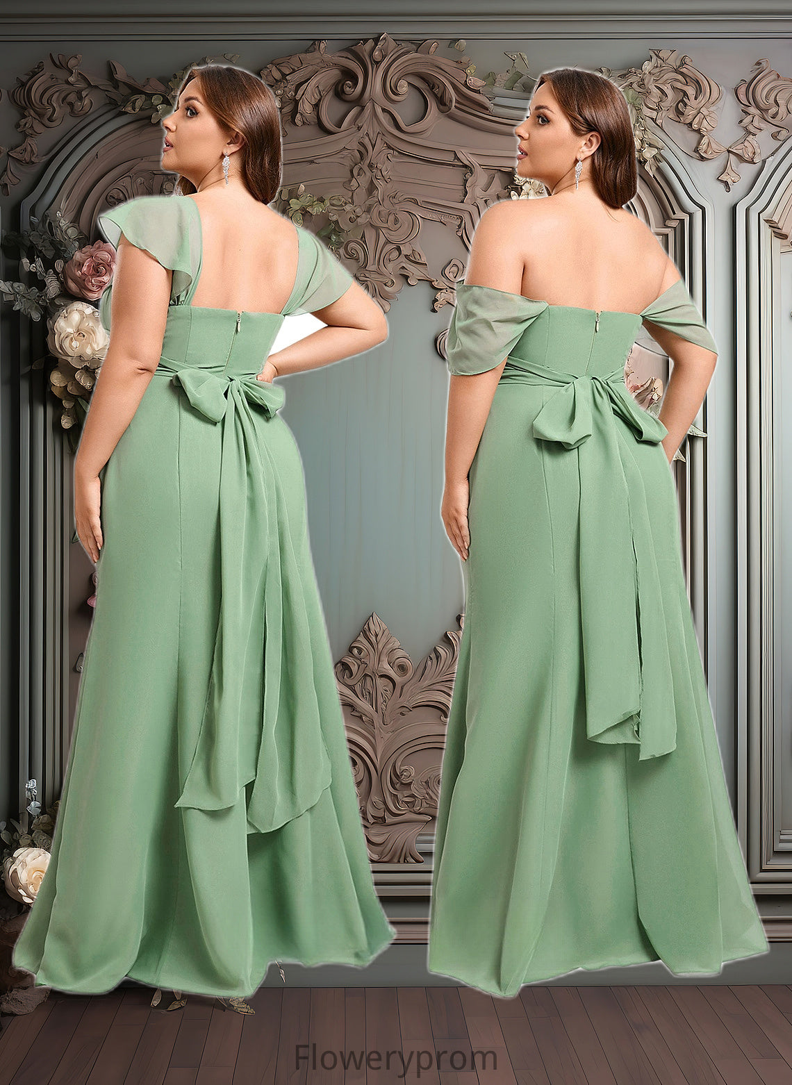 Maia Trumpet/Mermaid Off the Shoulder V-Neck Floor-Length Chiffon Bridesmaid Dress HDP0025810