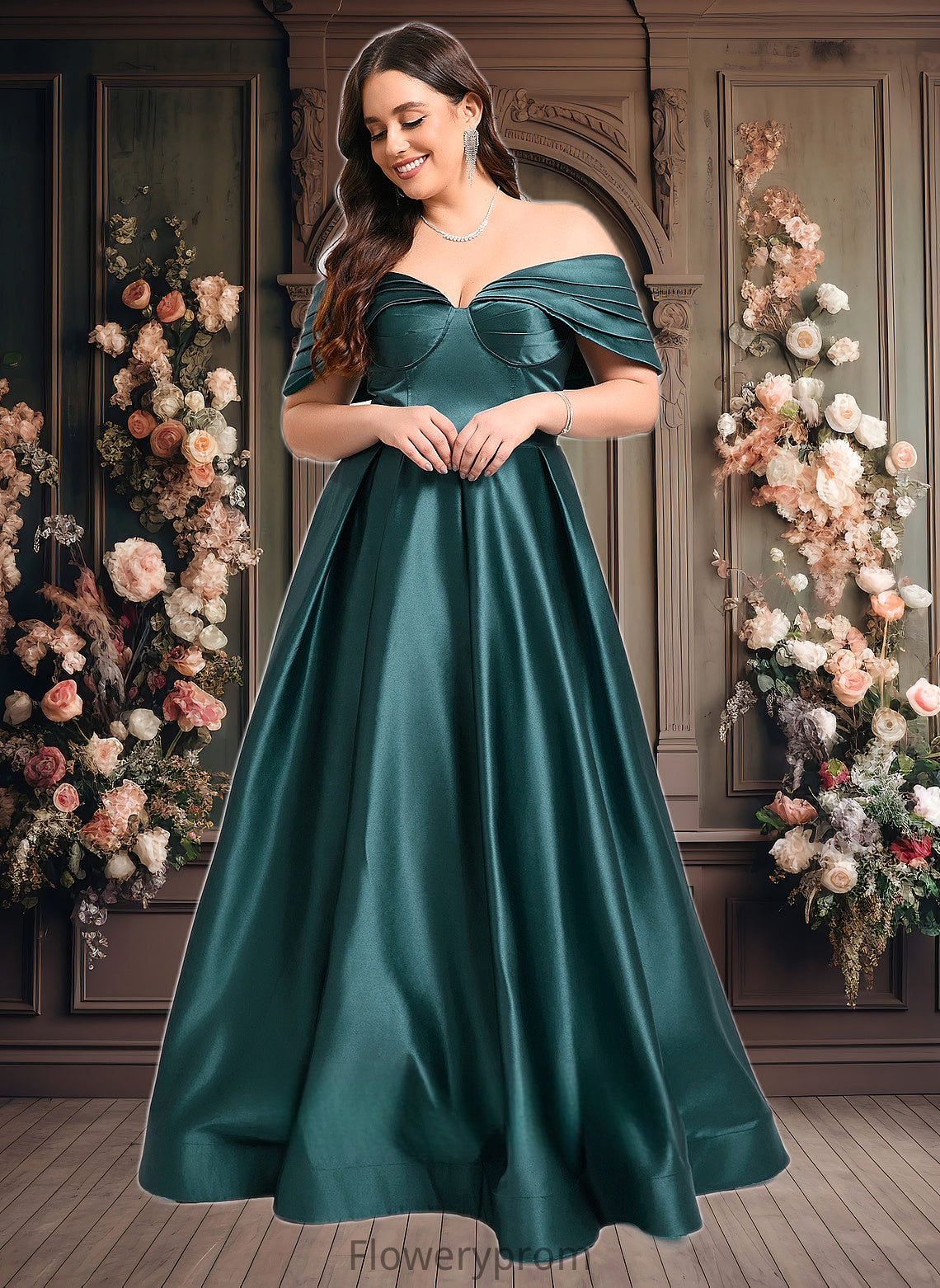 Dahlia A-line Off the Shoulder Floor-Length Satin Prom Dresses With Pleated HDP0025851