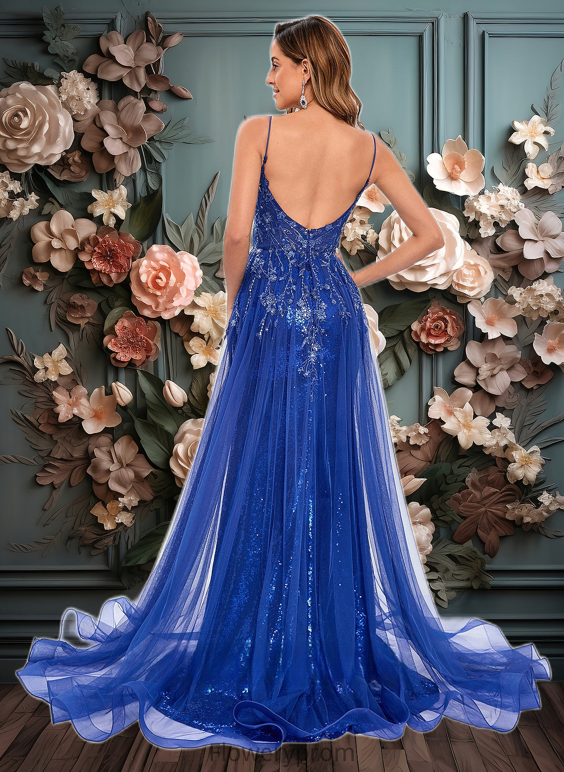 Lindsay Trumpet/Mermaid Straight Sweep Train Tulle Sequin Prom Dresses With Sequins Appliques Lace HDP0025857