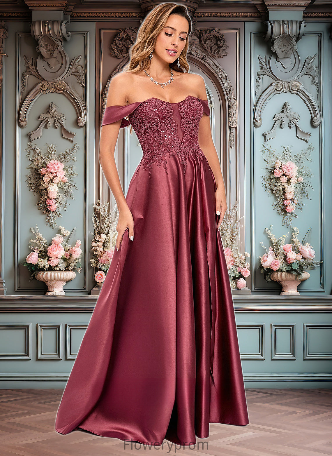 Dana A-line Off the Shoulder Floor-Length Satin Lace Prom Dresses With Sequins HDP0025841