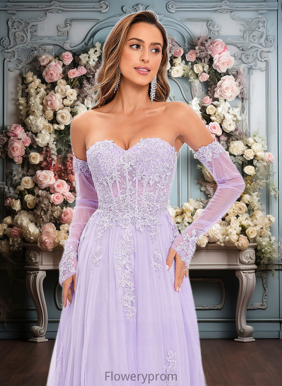 Marie A-line Sweetheart Sweep Train Tulle Prom Dresses With Sequins Appliques Lace HDP0025856