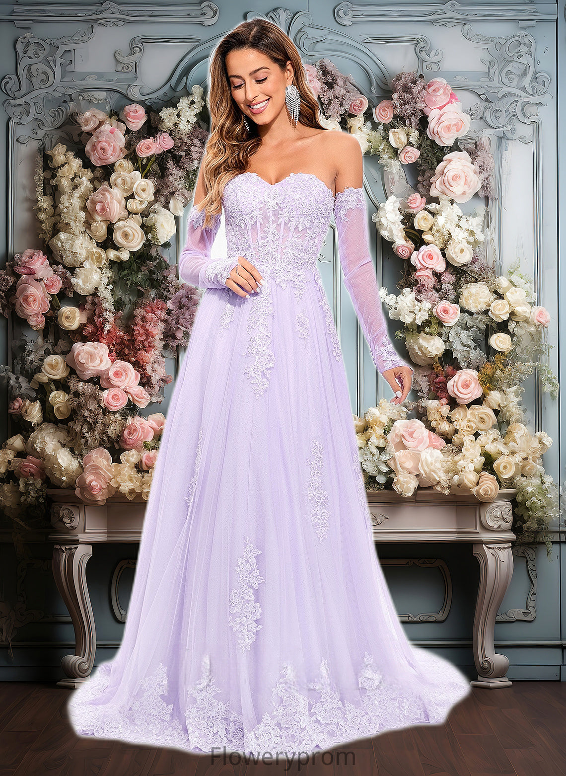 Marie A-line Sweetheart Sweep Train Tulle Prom Dresses With Sequins Appliques Lace HDP0025856