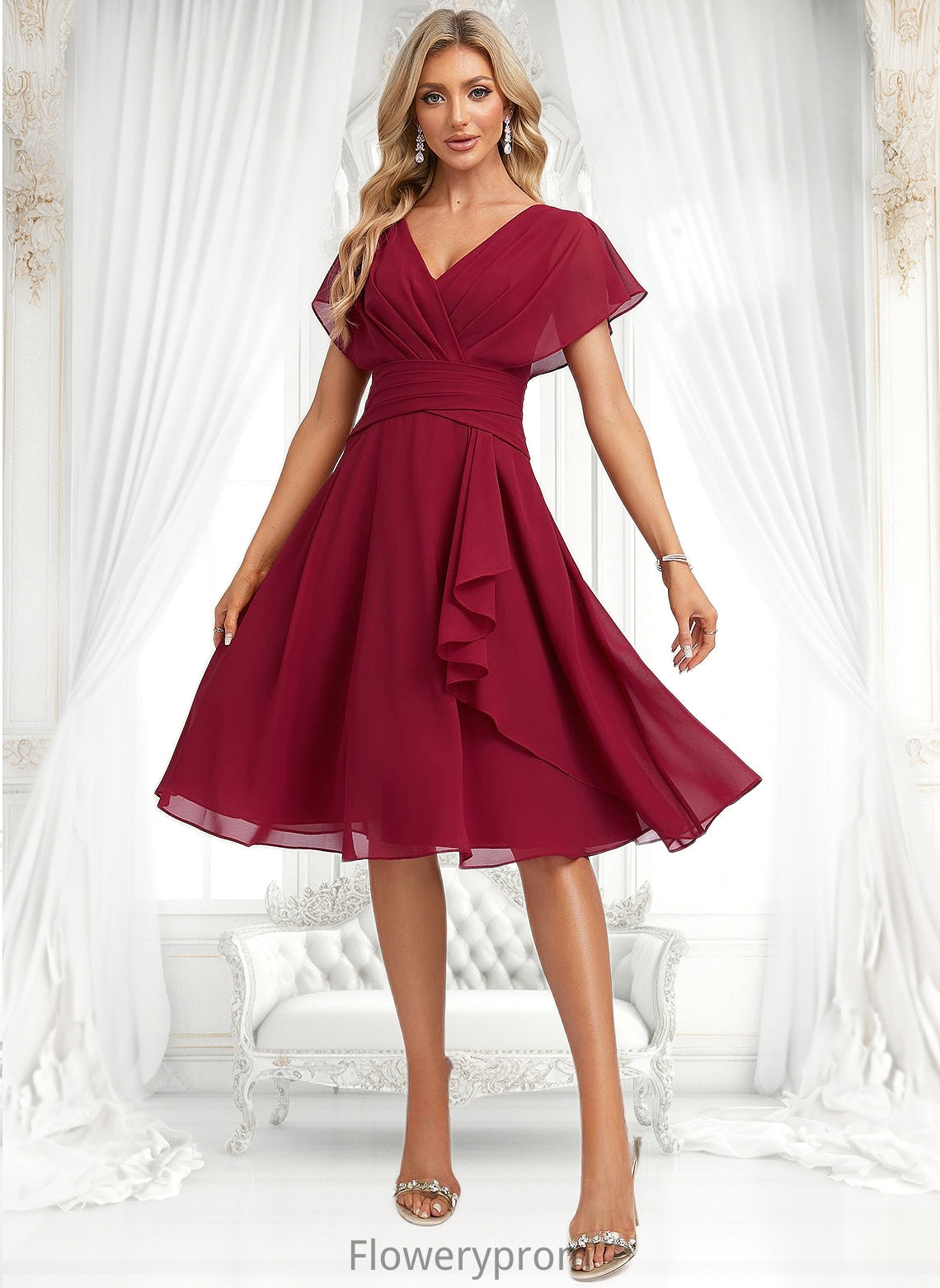 Rubi A-line V-Neck Knee-Length Chiffon Homecoming Dress With Ruffle HDP0025716