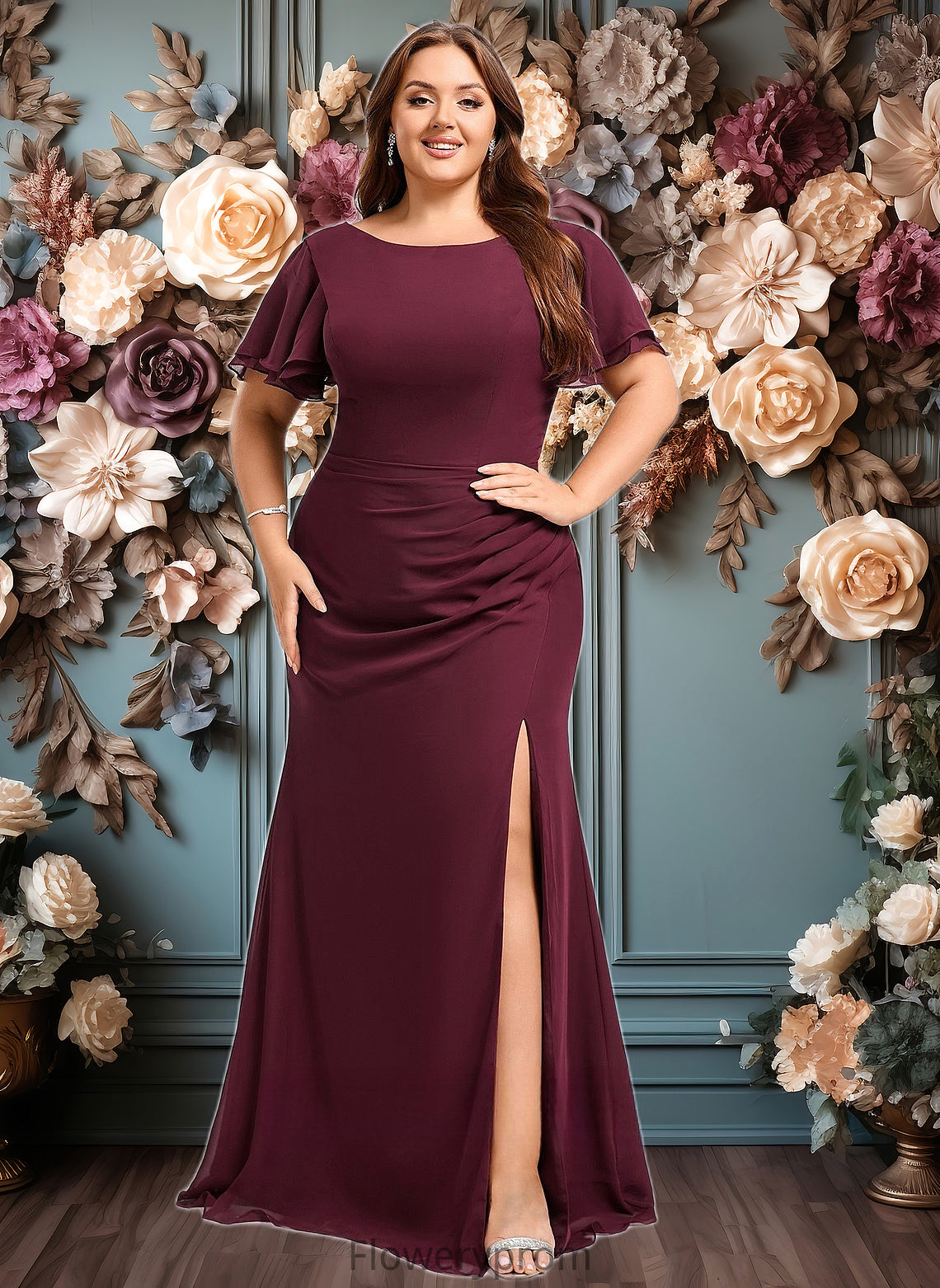 Regan A-line Boat Neck Floor-Length Chiffon Bridesmaid Dress With Ruffle HDP0025827