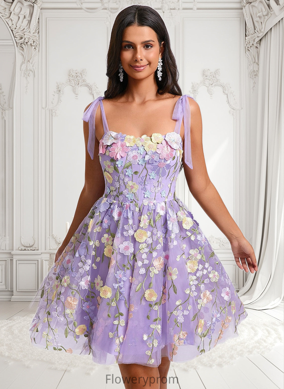 Melody A-line Scoop Short Floral Lace Homecoming Dress With Bow 3D Floral HDP0025695