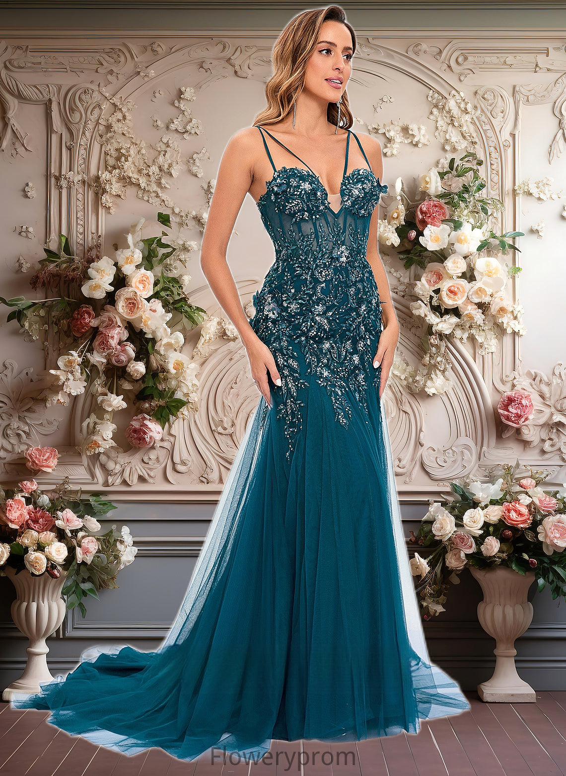 Alisa Trumpet/Mermaid V-Neck Sweep Train Tulle Prom Dresses With Sequins Appliques Lace HDP0025853