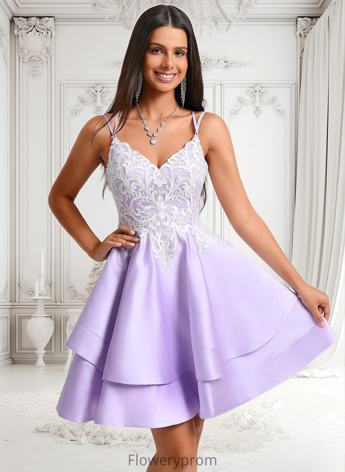 Jocelyn A-line V-Neck Short Satin Homecoming Dress With Appliques Lace HDP0025696