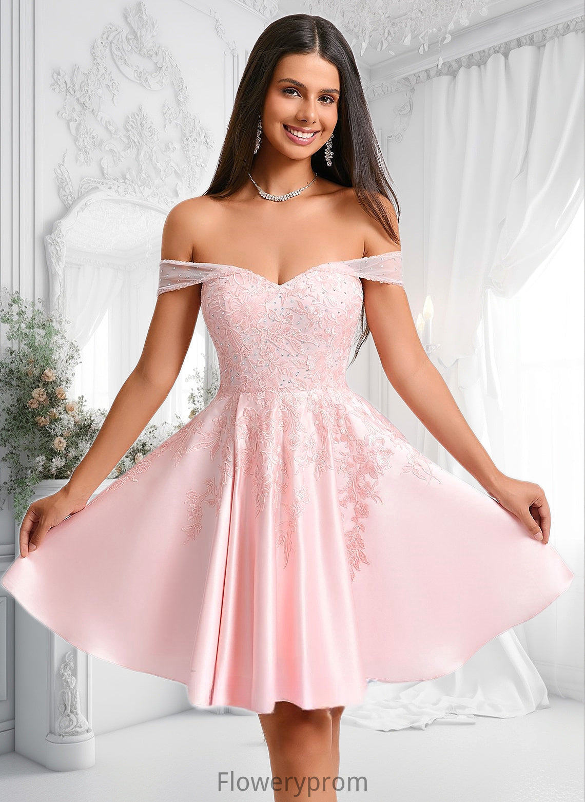 Desirae A-line Off the Shoulder Short Satin Homecoming Dress With Rhinestone Beading Appliques Lace HDP0025679