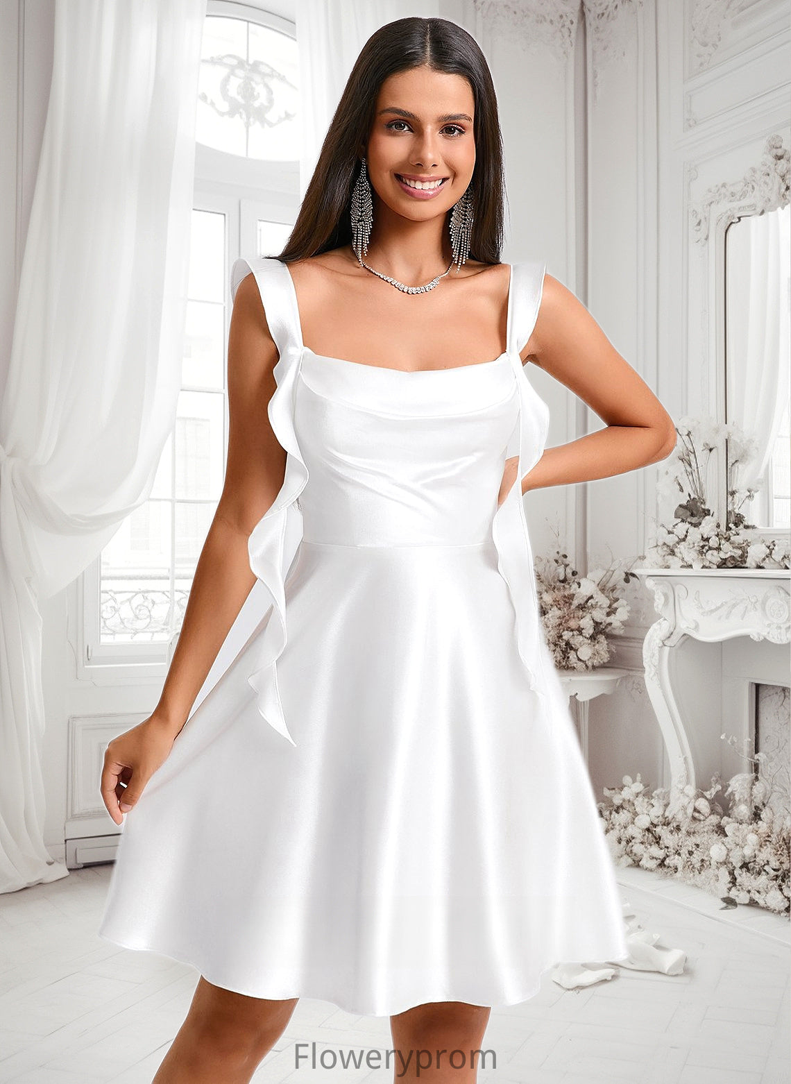 Edith A-line Scoop Short Stretch Satin Homecoming Dress With Cascading Ruffles HDP0025653