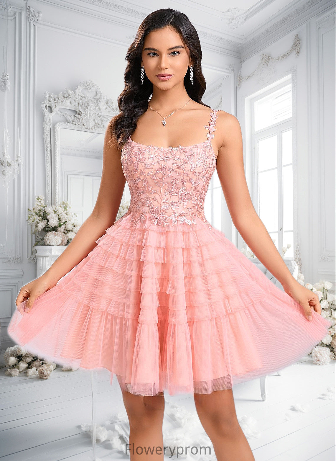 Alani Ball-Gown/Princess Scoop Short Tulle Lace Homecoming Dress With Ruffle HDP0025676