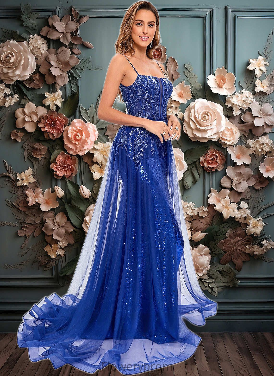 Lindsay Trumpet/Mermaid Straight Sweep Train Tulle Sequin Prom Dresses With Sequins Appliques Lace HDP0025857