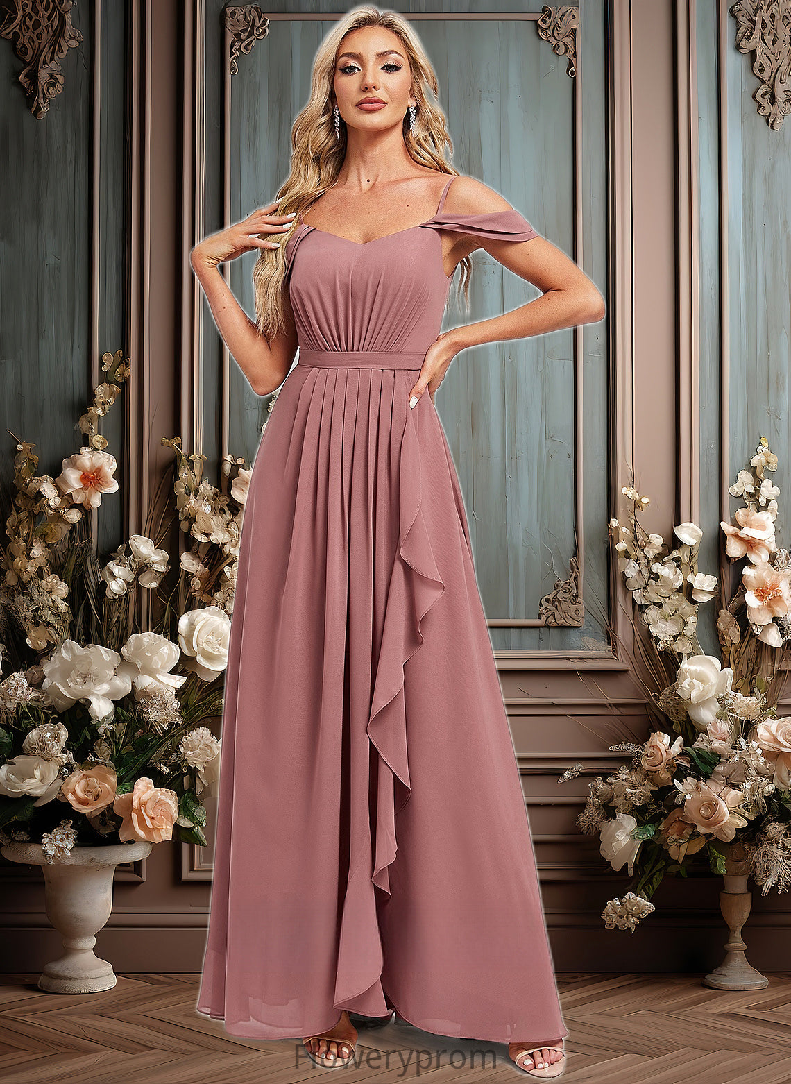 Jimena A-line Cold Shoulder Asymmetrical Chiffon Bridesmaid Dress HDP0025823