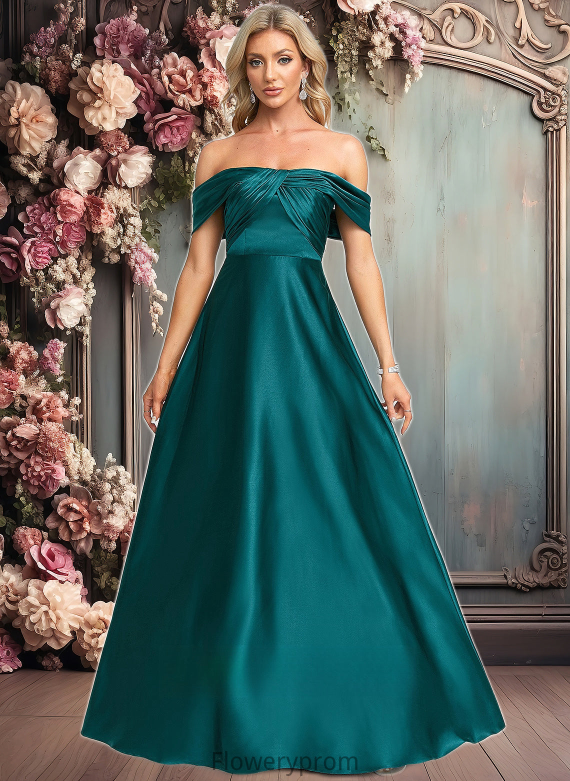 Julie A-line Off the Shoulder Floor-Length Stretch Satin Prom Dresses HDP0025879