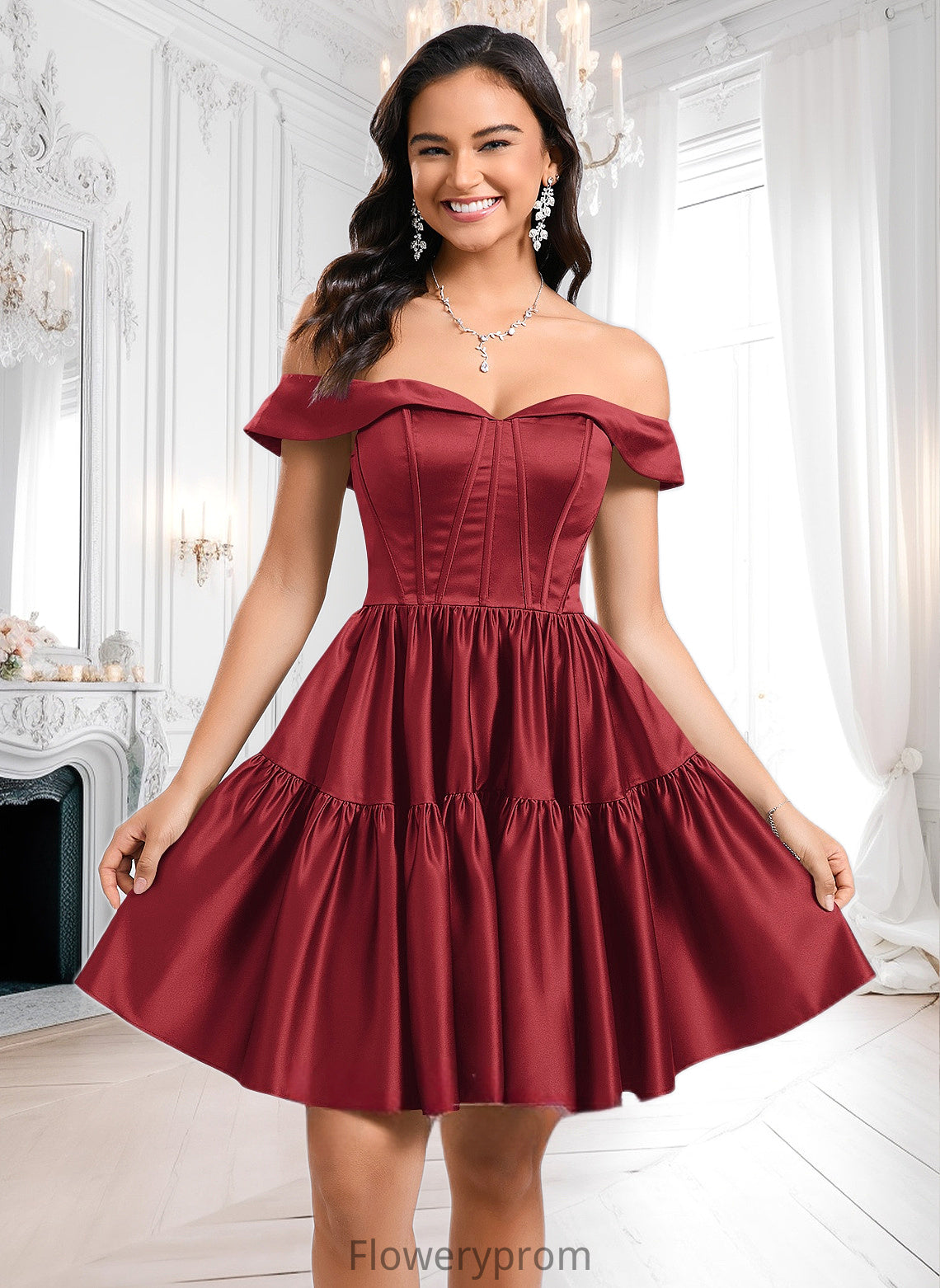 Logan Ball-Gown/Princess Off the Shoulder Short Satin Homecoming Dress HDP0025680