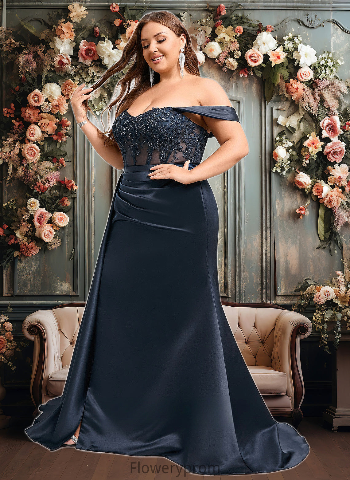 Angel Trumpet/Mermaid Off the Shoulder Sweep Train Satin Prom Dresses With Sequins Appliques Lace HDP0025835