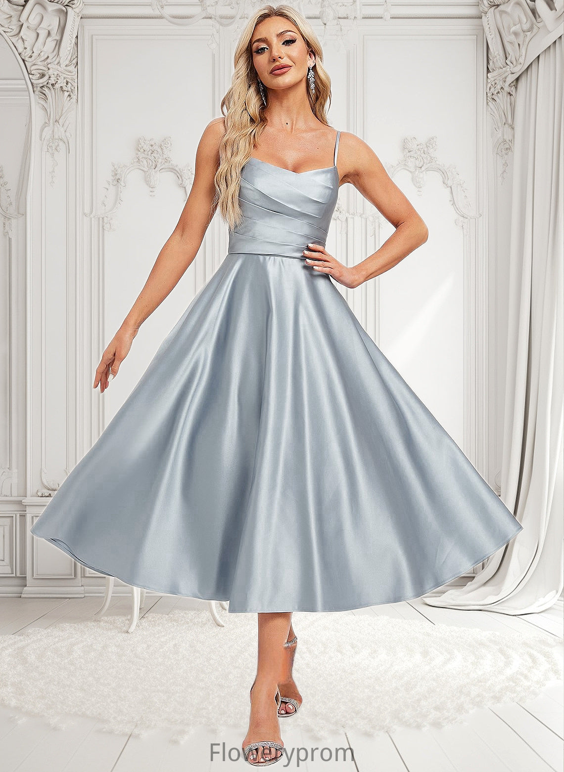 Jocelynn A-line V-Neck Tea-Length Satin Homecoming Dress HDP0025694