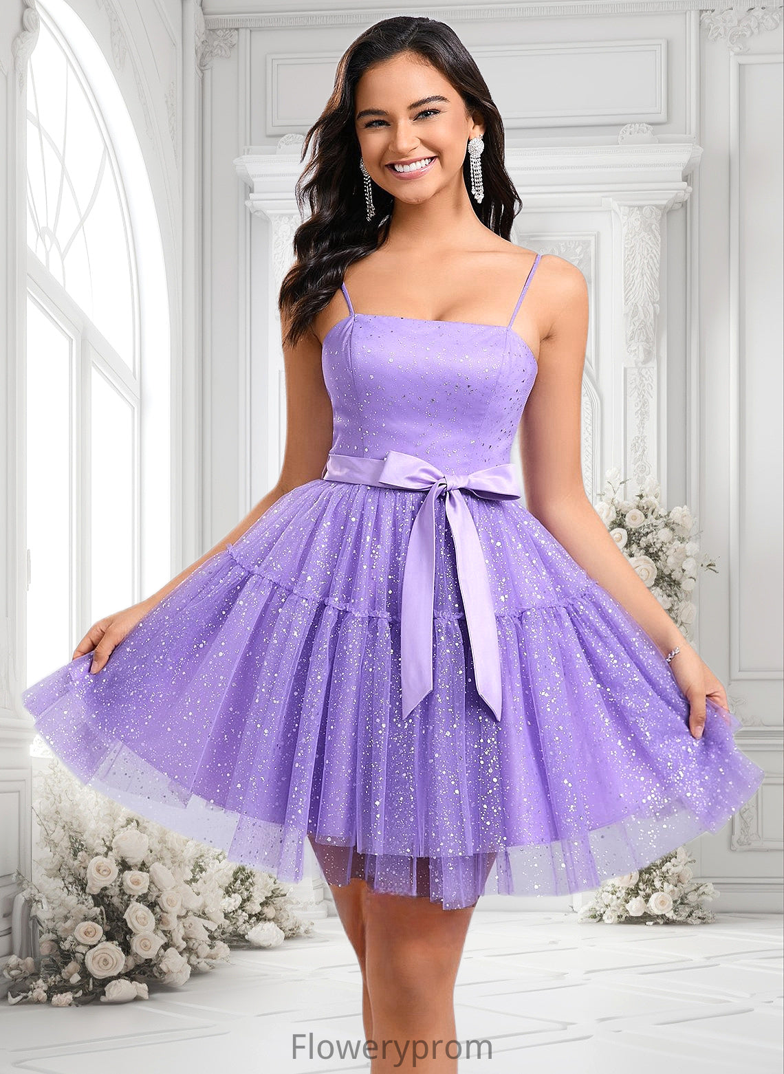 Viola Ball-Gown/Princess Straight Short Tulle Homecoming Dress With Bow HDP0025717