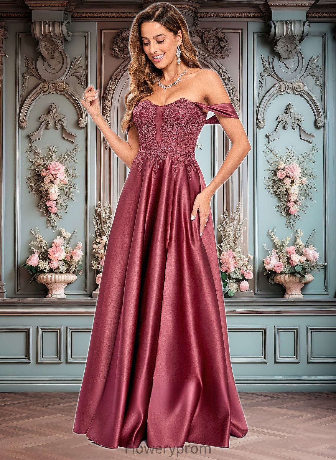 Dana A-line Off the Shoulder Floor-Length Satin Lace Prom Dresses With Sequins HDP0025841