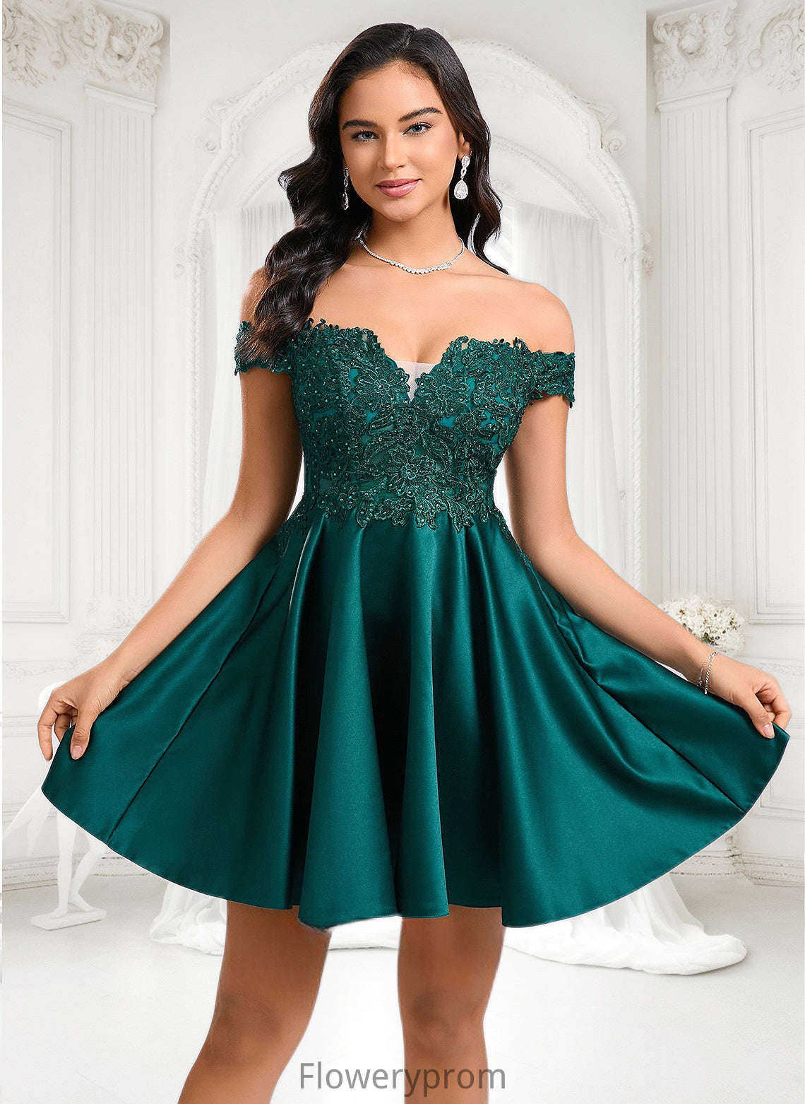 Briley A-line Off the Shoulder Short Lace Satin Homecoming Dress With Rhinestone HDP0025718