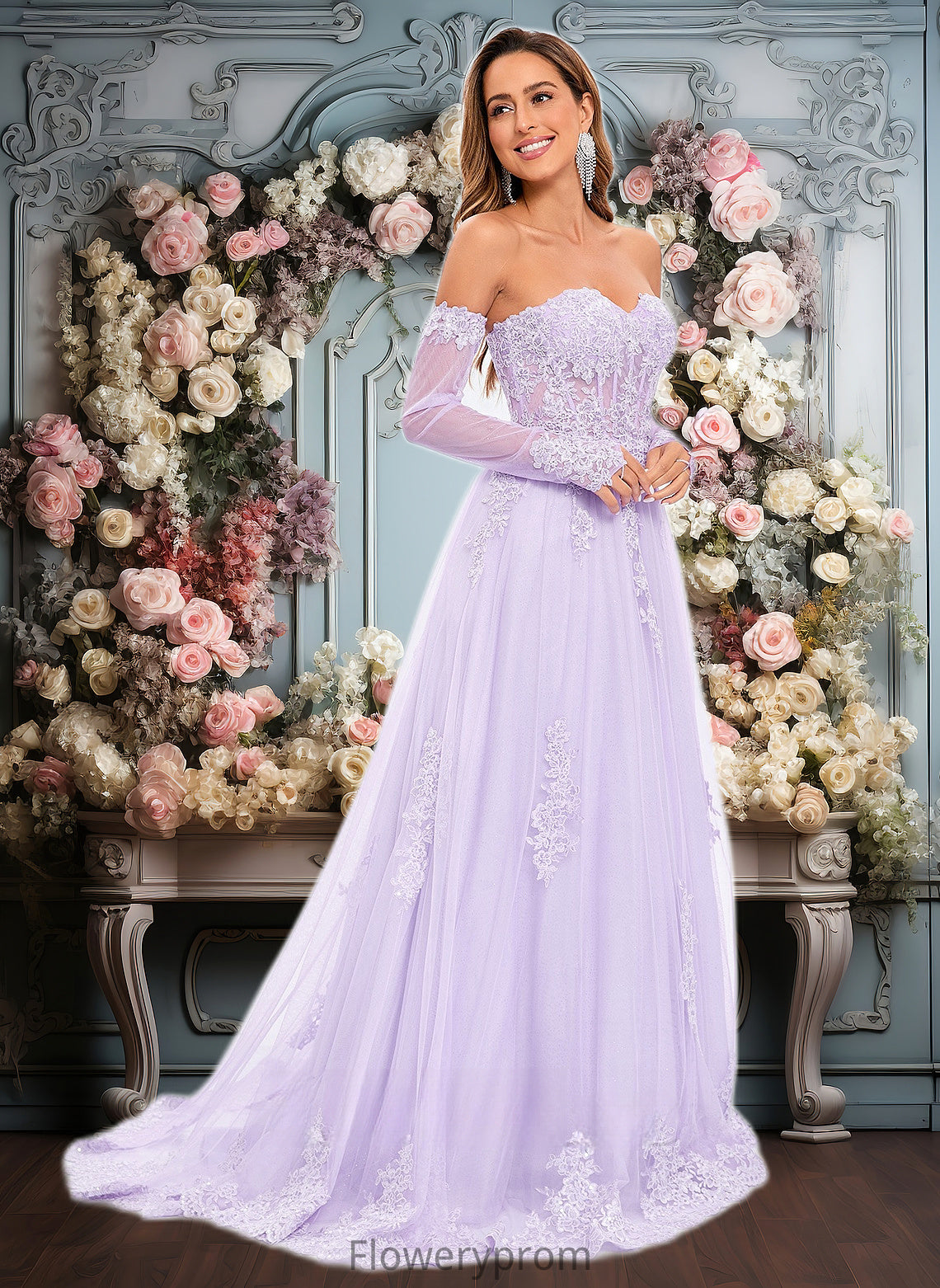 Marie A-line Sweetheart Sweep Train Tulle Prom Dresses With Sequins Appliques Lace HDP0025856