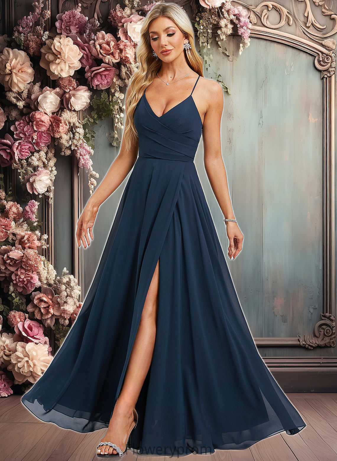 Emilie A-line V-Neck Floor-Length Chiffon Prom Dresses With Pleated HDP0025830