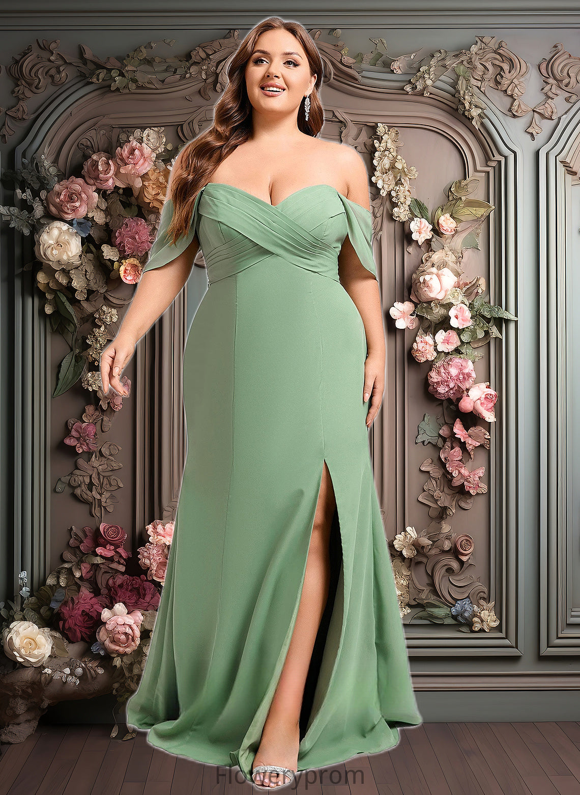 Maia Trumpet/Mermaid Off the Shoulder V-Neck Floor-Length Chiffon Bridesmaid Dress HDP0025810