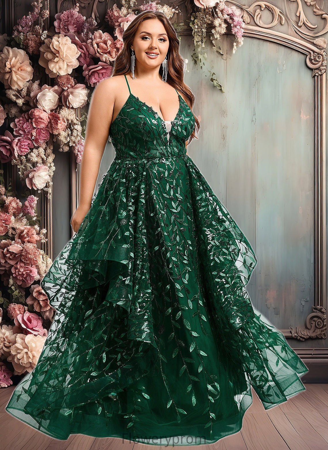 Whitney Ball-Gown/Princess V-Neck Floor-Length Lace Floral Prom Dresses With Sequins HDP0025838