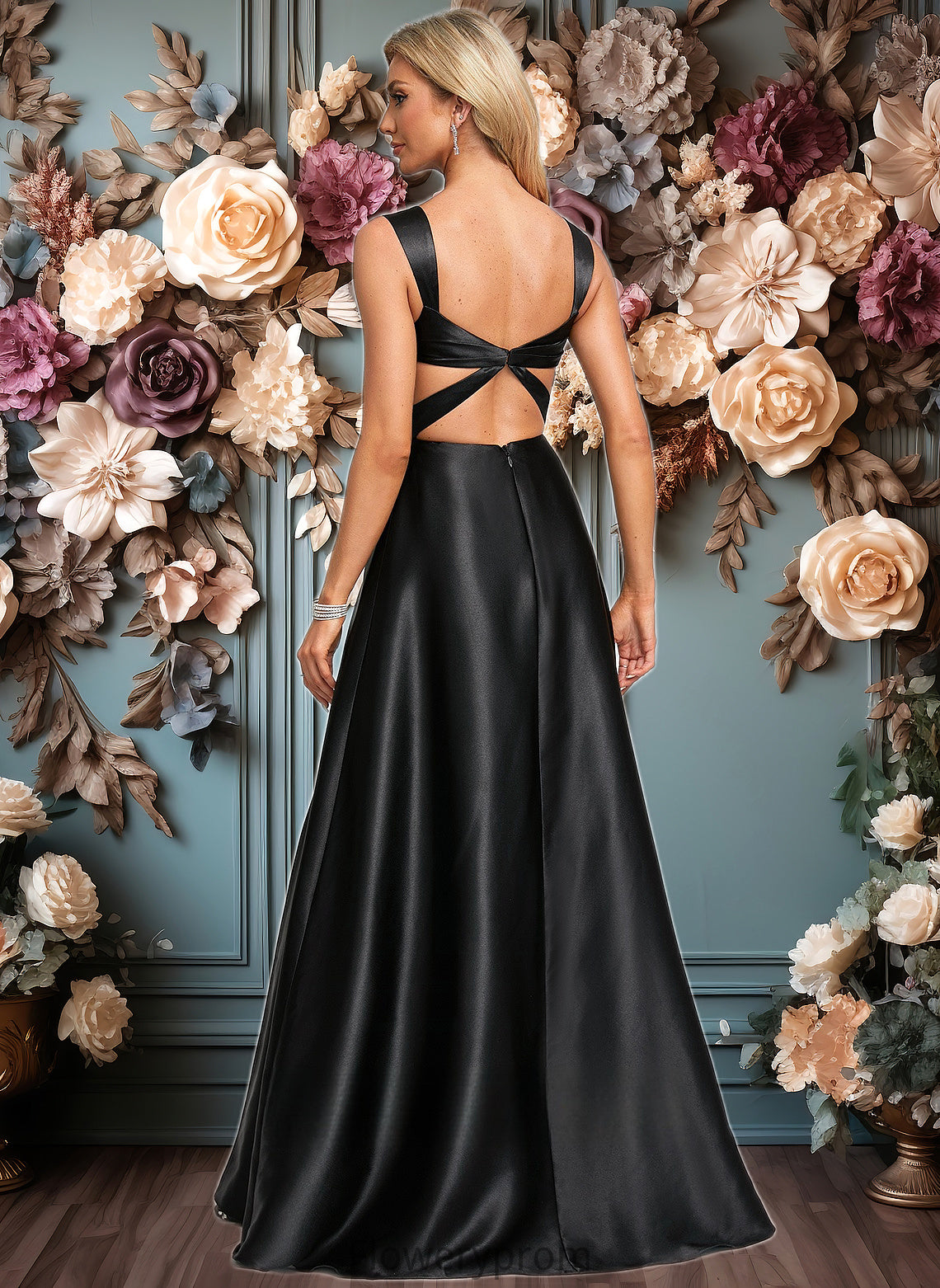 Anna A-line V-Neck Floor-Length Stretch Satin Prom Dresses With Bow HDP0025882