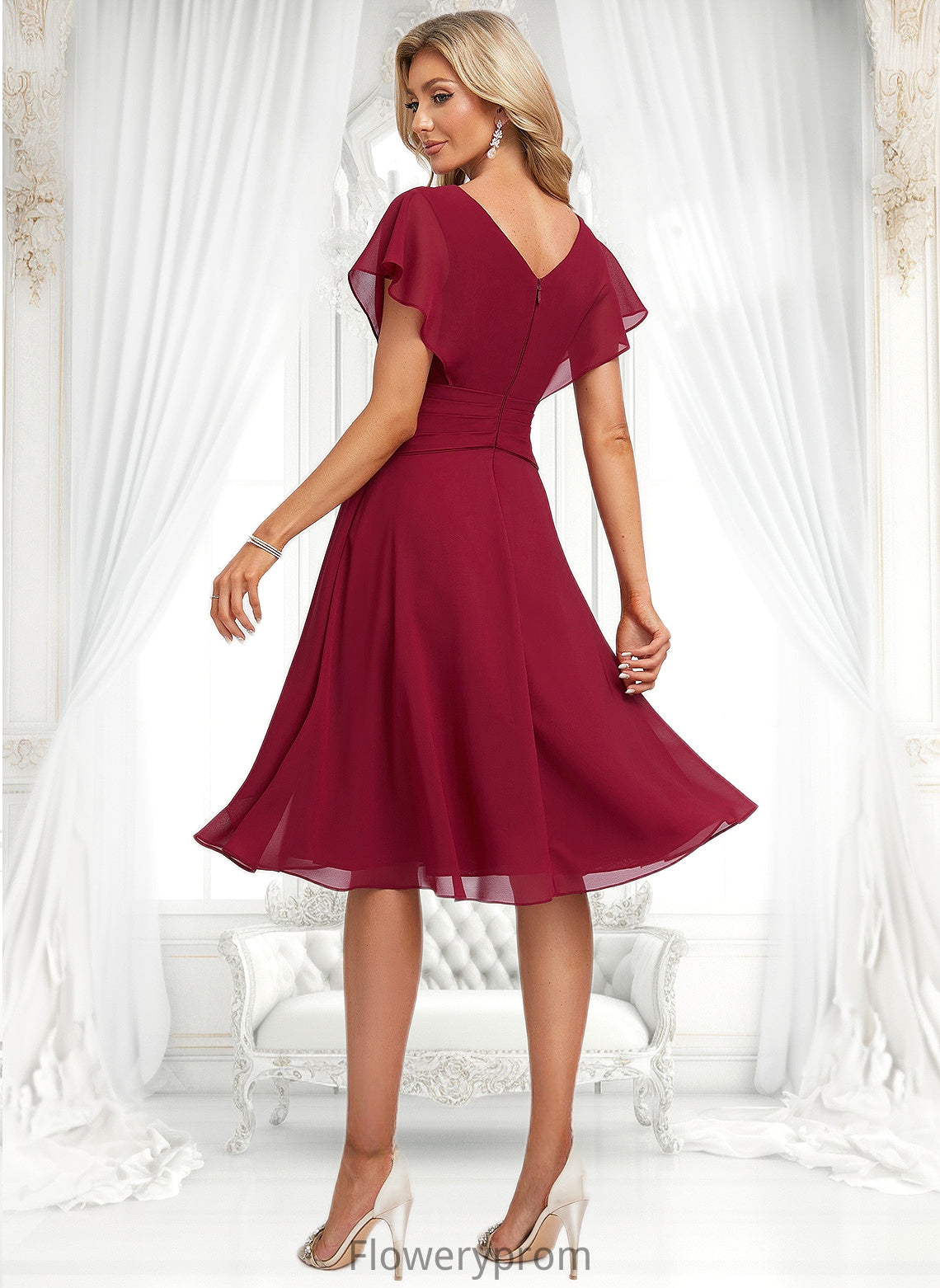 Rubi A-line V-Neck Knee-Length Chiffon Homecoming Dress With Ruffle HDP0025716