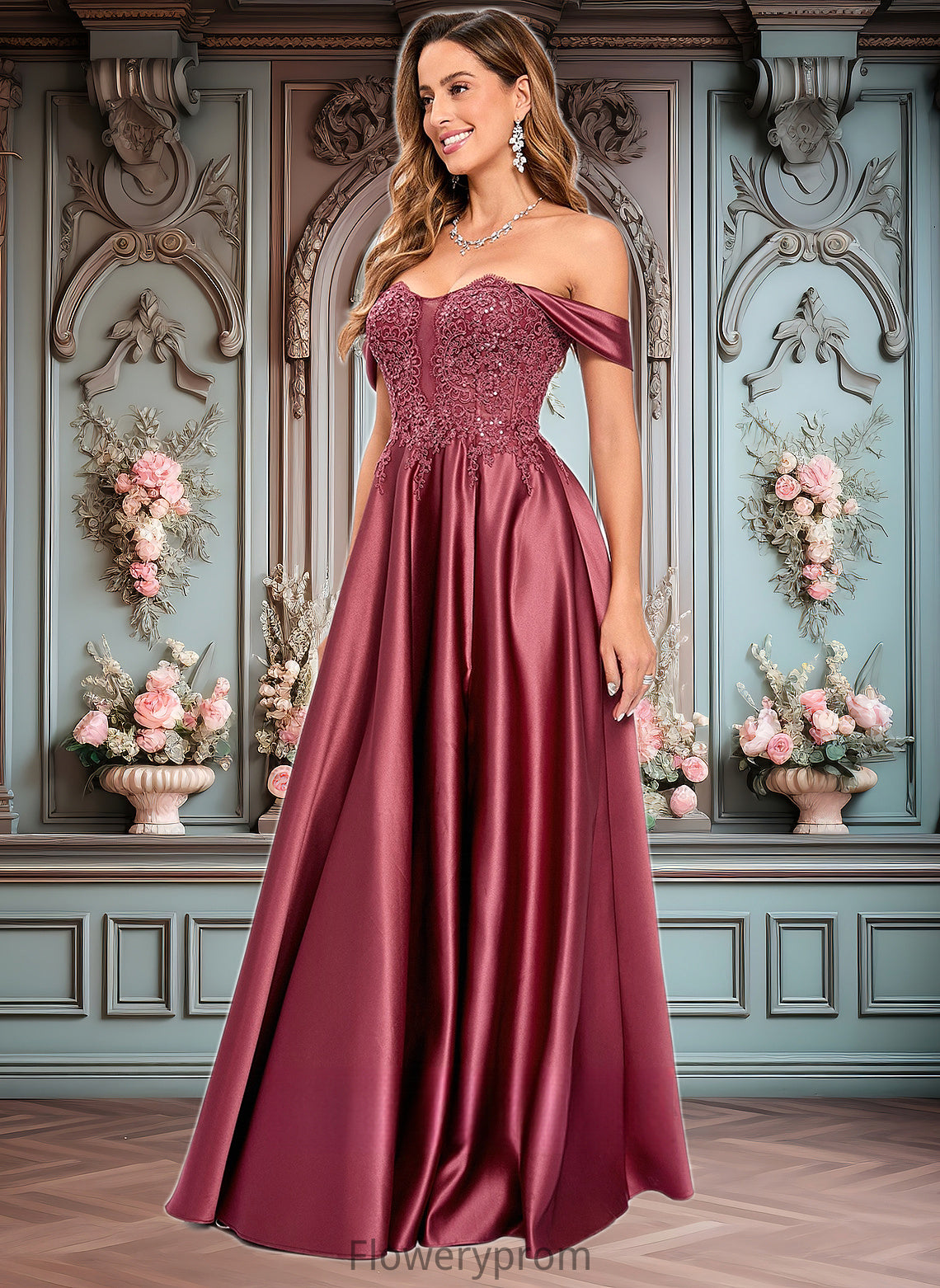 Dana A-line Off the Shoulder Floor-Length Satin Lace Prom Dresses With Sequins HDP0025841