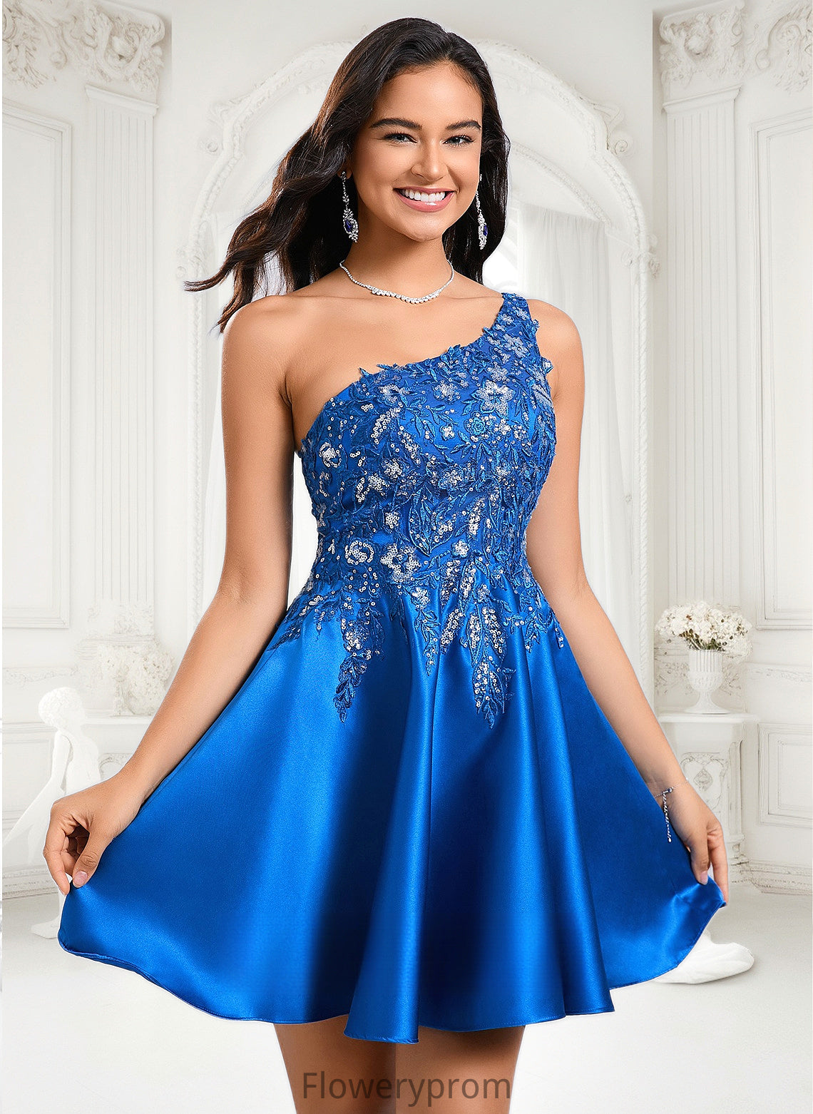 Natalya A-line One Shoulder Short Satin Homecoming Dress With Appliques Lace Sequins HDP0025657