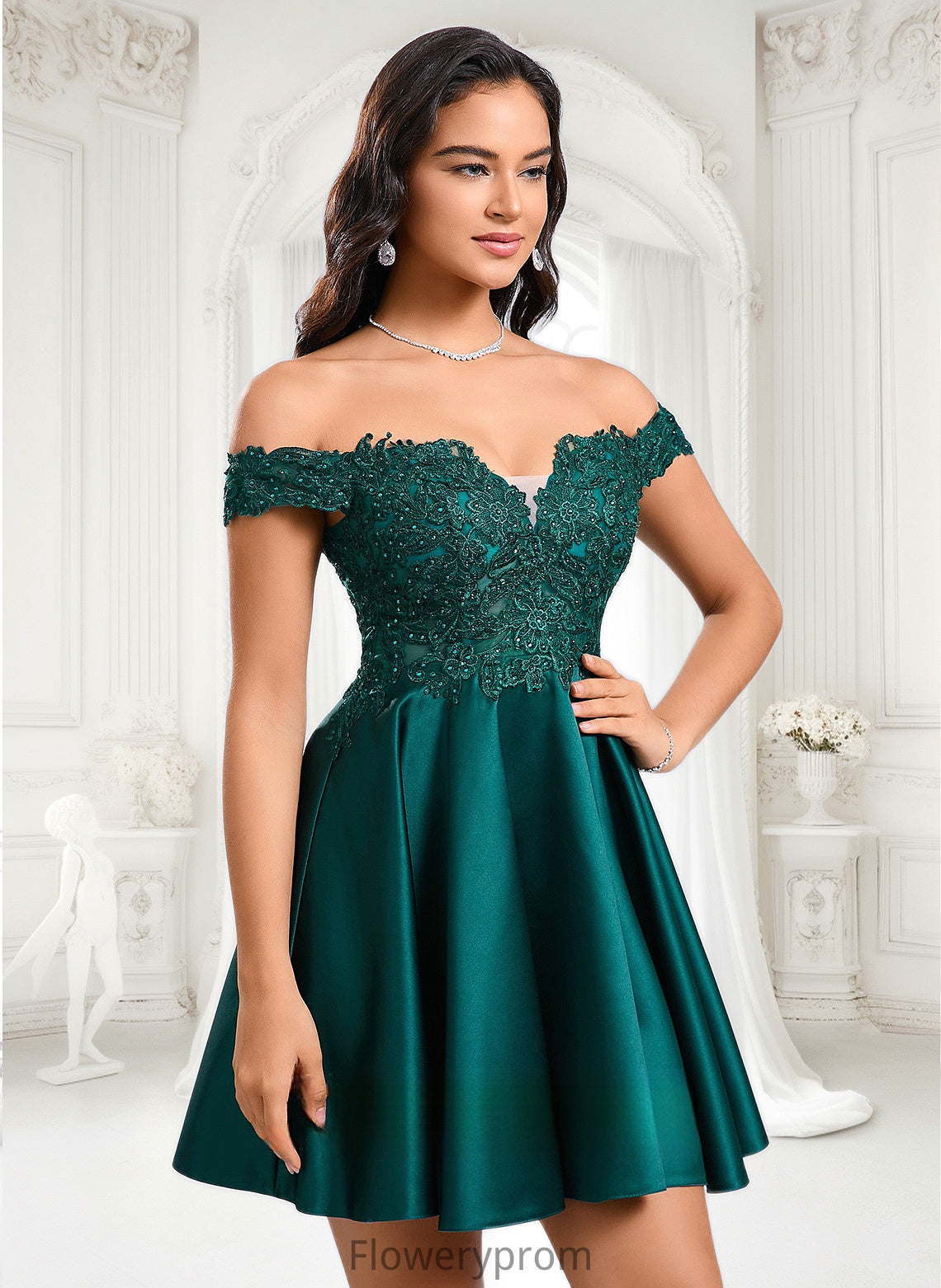 Briley A-line Off the Shoulder Short Lace Satin Homecoming Dress With Rhinestone HDP0025718