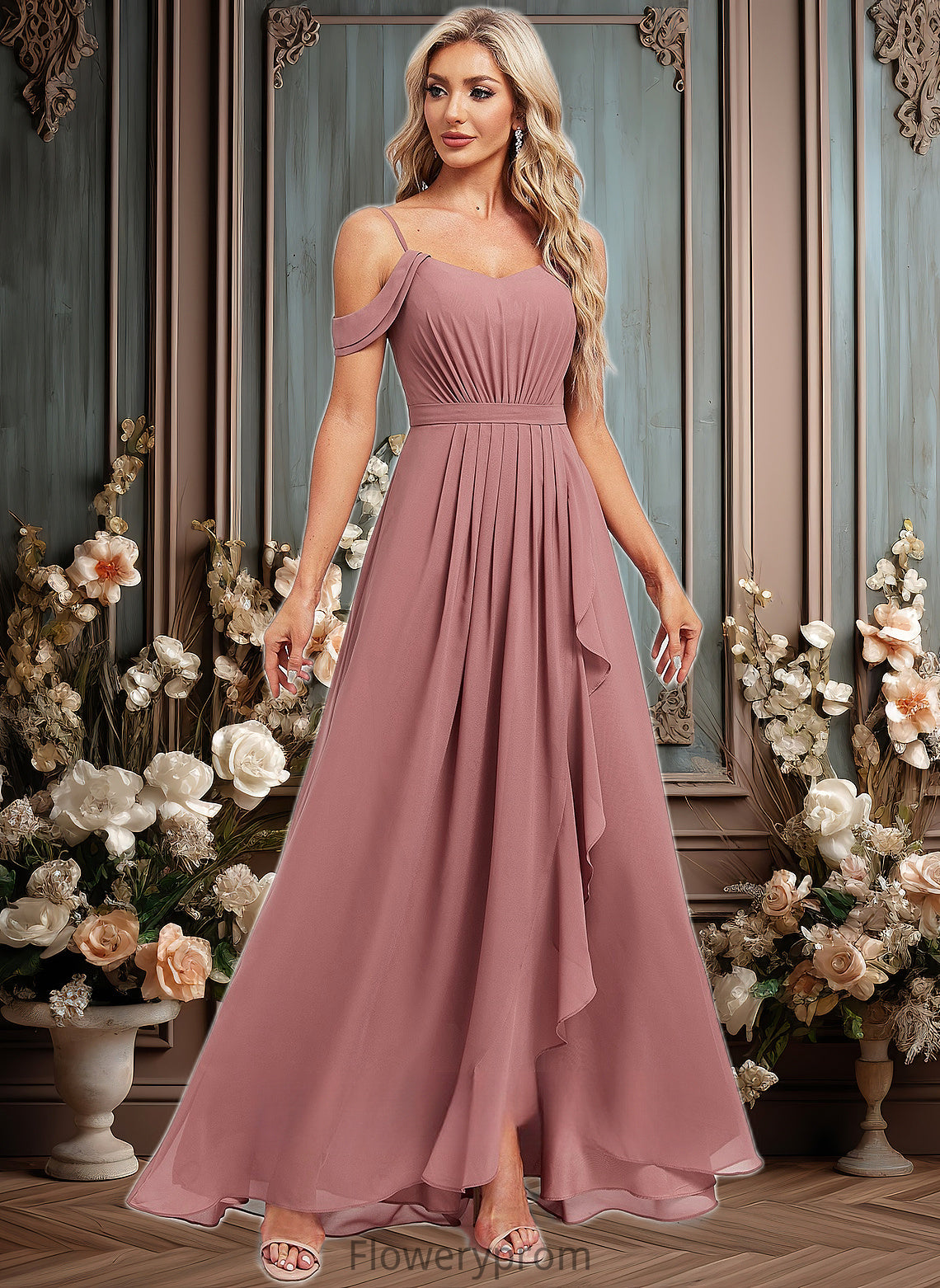 Jimena A-line Cold Shoulder Asymmetrical Chiffon Bridesmaid Dress HDP0025823