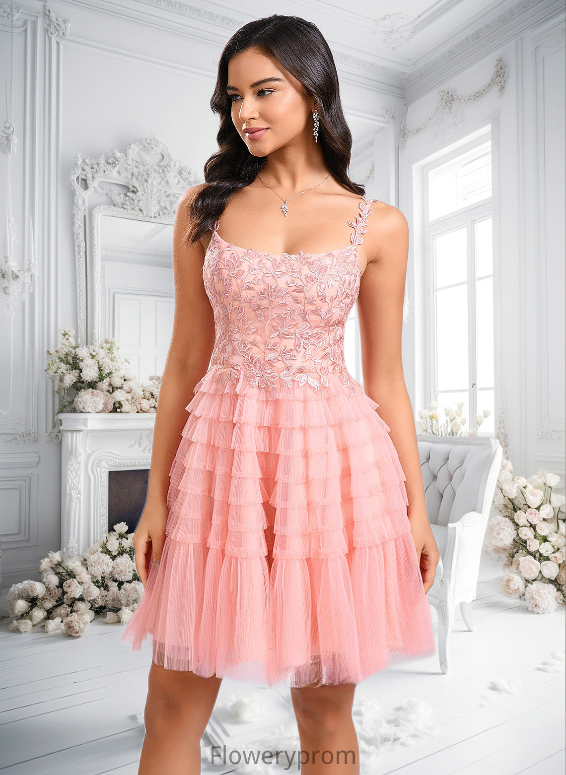 Alani Ball-Gown/Princess Scoop Short Tulle Lace Homecoming Dress With Ruffle HDP0025676