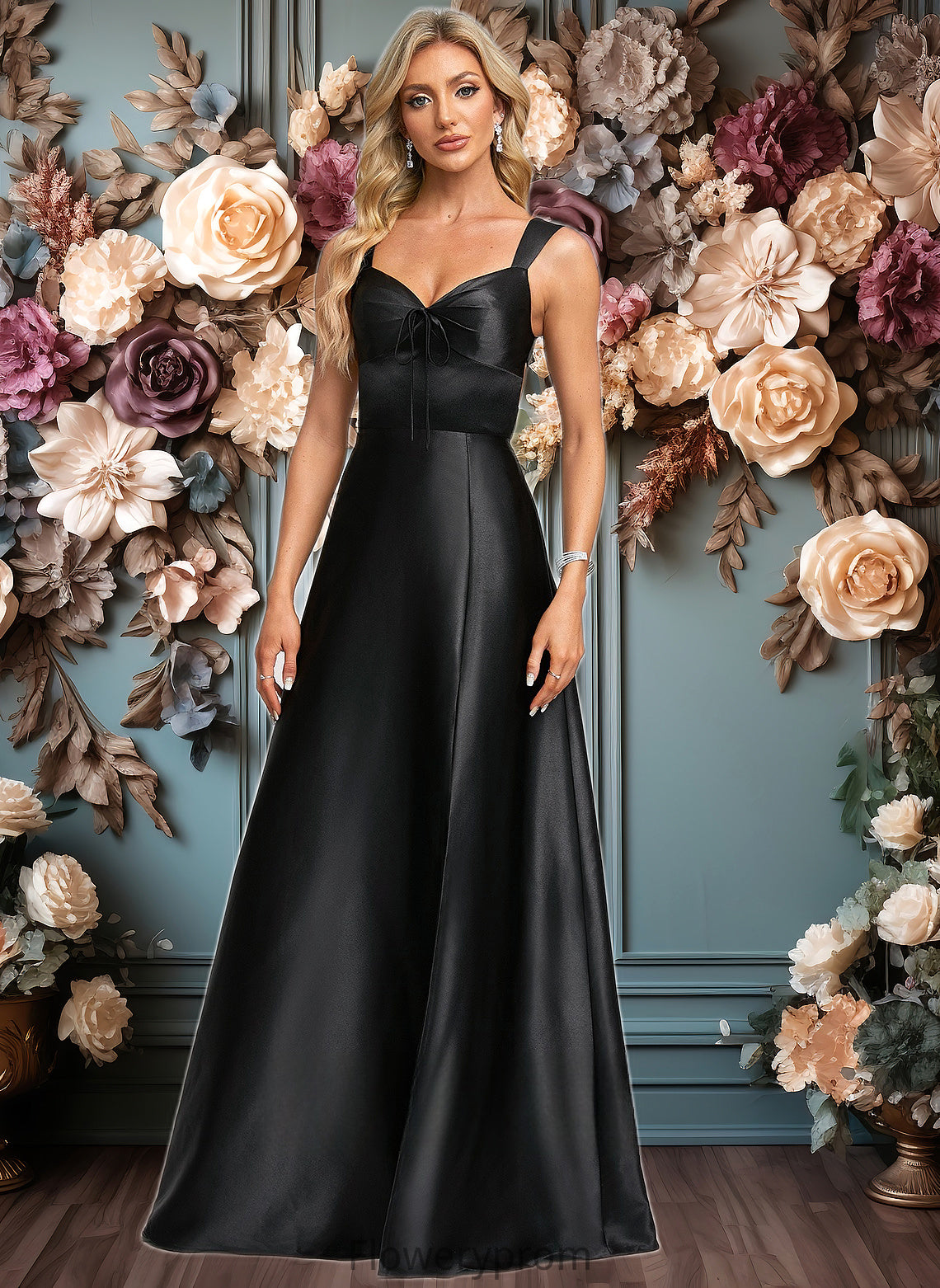 Anna A-line V-Neck Floor-Length Stretch Satin Prom Dresses With Bow HDP0025882