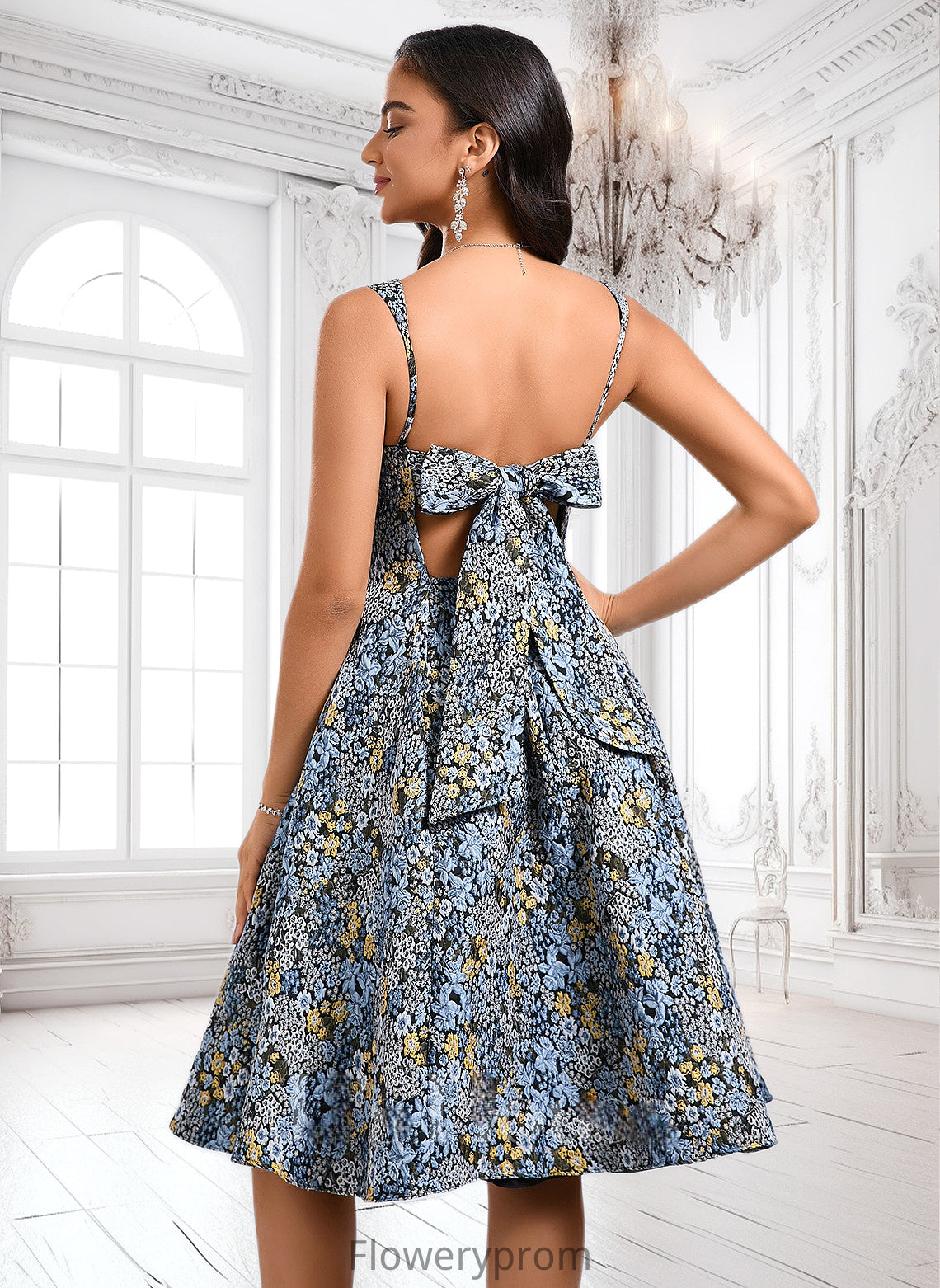 Litzy A-line Square Knee-Length Jacquard Homecoming Dress With Bow HDP0025687