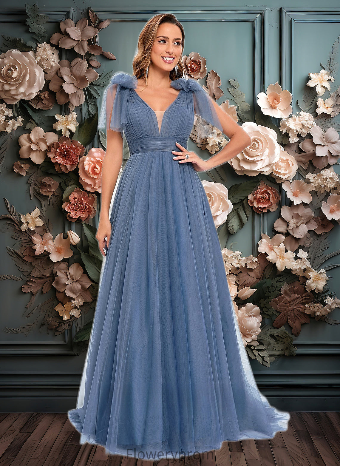 Vivian A-line V-Neck Sweep Train Tulle Prom Dresses With Bow HDP0025854