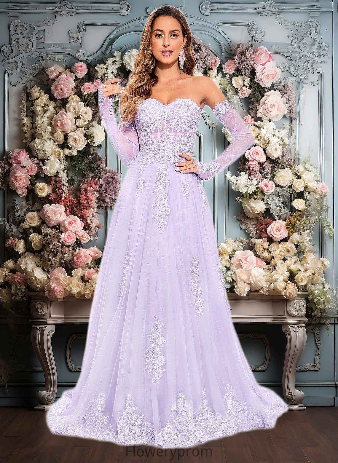 Marie A-line Sweetheart Sweep Train Tulle Prom Dresses With Sequins Appliques Lace HDP0025856