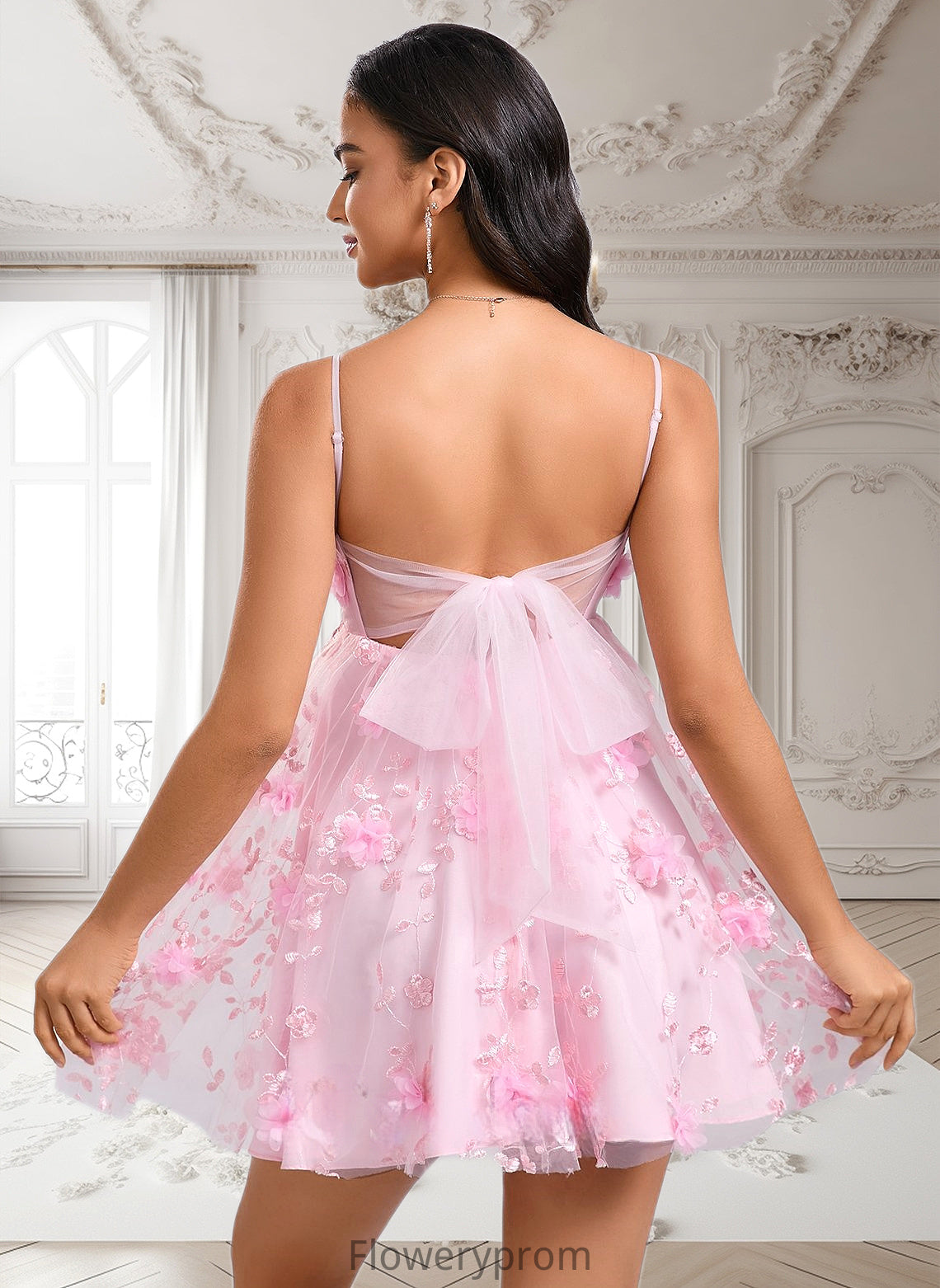 Yaretzi A-line Straight Mini Lace Homecoming Dress With Bow Flower HDP0025670