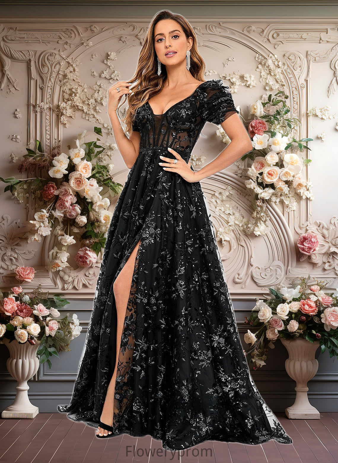 Meredith A-line V-Neck Sweep Train Floral Lace Prom Dresses With Sequins HDP0025869