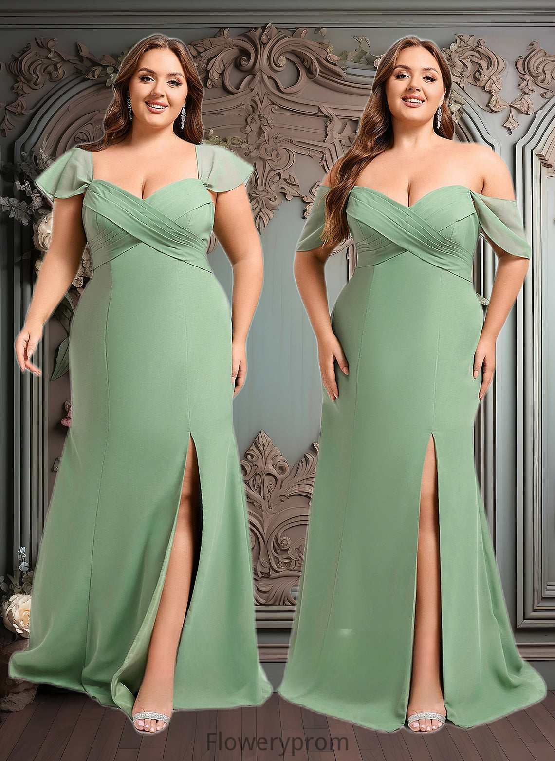 Maia Trumpet/Mermaid Off the Shoulder V-Neck Floor-Length Chiffon Bridesmaid Dress HDP0025810