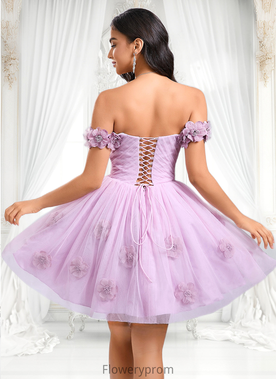 Brooke Ball-Gown/Princess Off the Shoulder Short Tulle Homecoming Dress With Pleated Flower HDP0025668