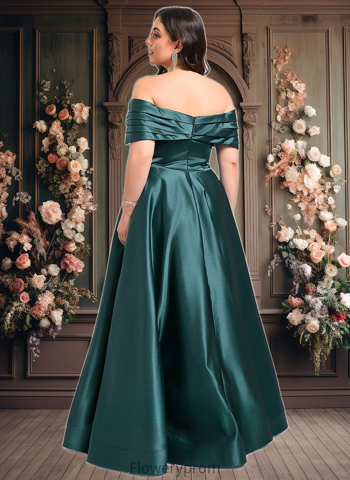 Dahlia A-line Off the Shoulder Floor-Length Satin Prom Dresses With Pleated HDP0025851