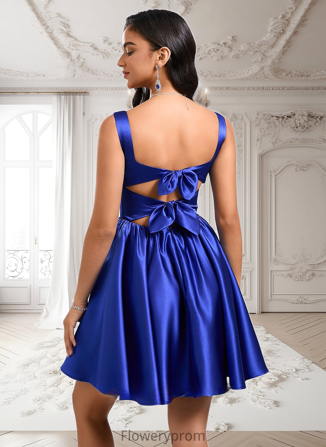 Erin A-line Square Short Satin Homecoming Dress With Bow HDP0025672