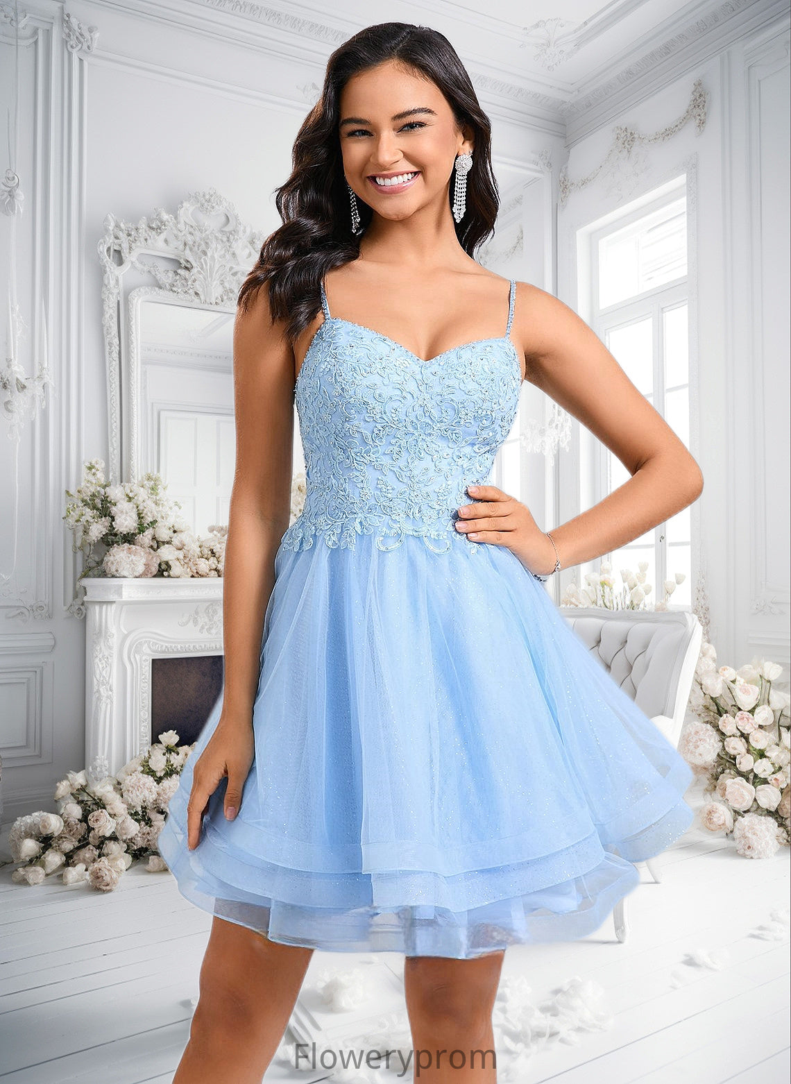 Kaylin A-line V-Neck Short Lace Tulle Homecoming Dress With Rhinestone Sequins HDP0025658