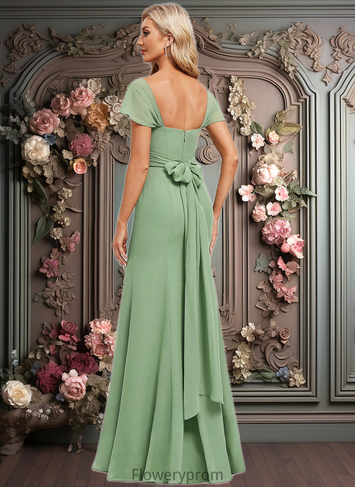 Maia Trumpet/Mermaid Off the Shoulder V-Neck Floor-Length Chiffon Bridesmaid Dress HDP0025810