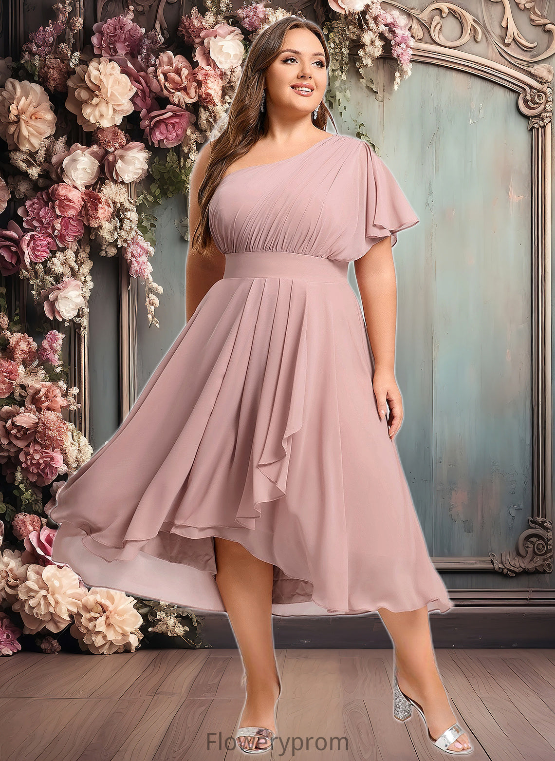 Helena A-line One Shoulder Asymmetrical Chiffon Bridesmaid Dress With Ruffle HDP0025819